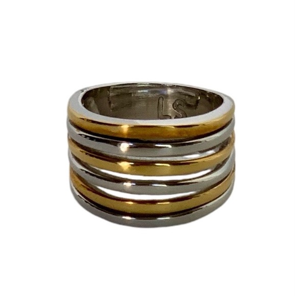 Lia Sophia ECHO Stacked Gold & Silver Tone Designer Cocktail Ring Sz 8 - Picture 3 of 7